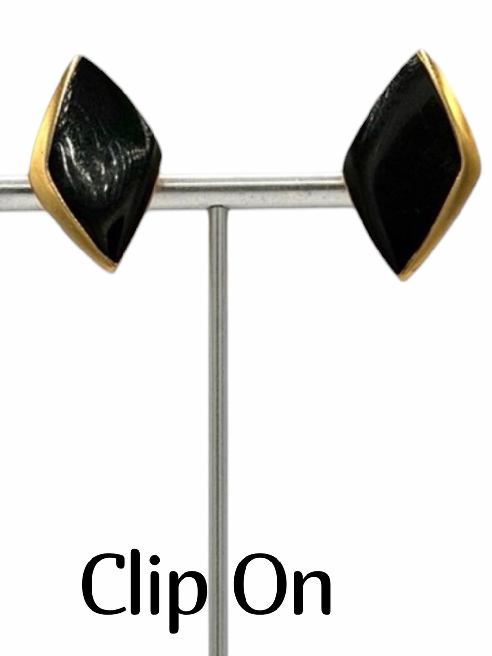 Vintage TRIFARI  Gold-Tone Black Enamel Diamond-Shaped Clip-On Earrings Jewelry
